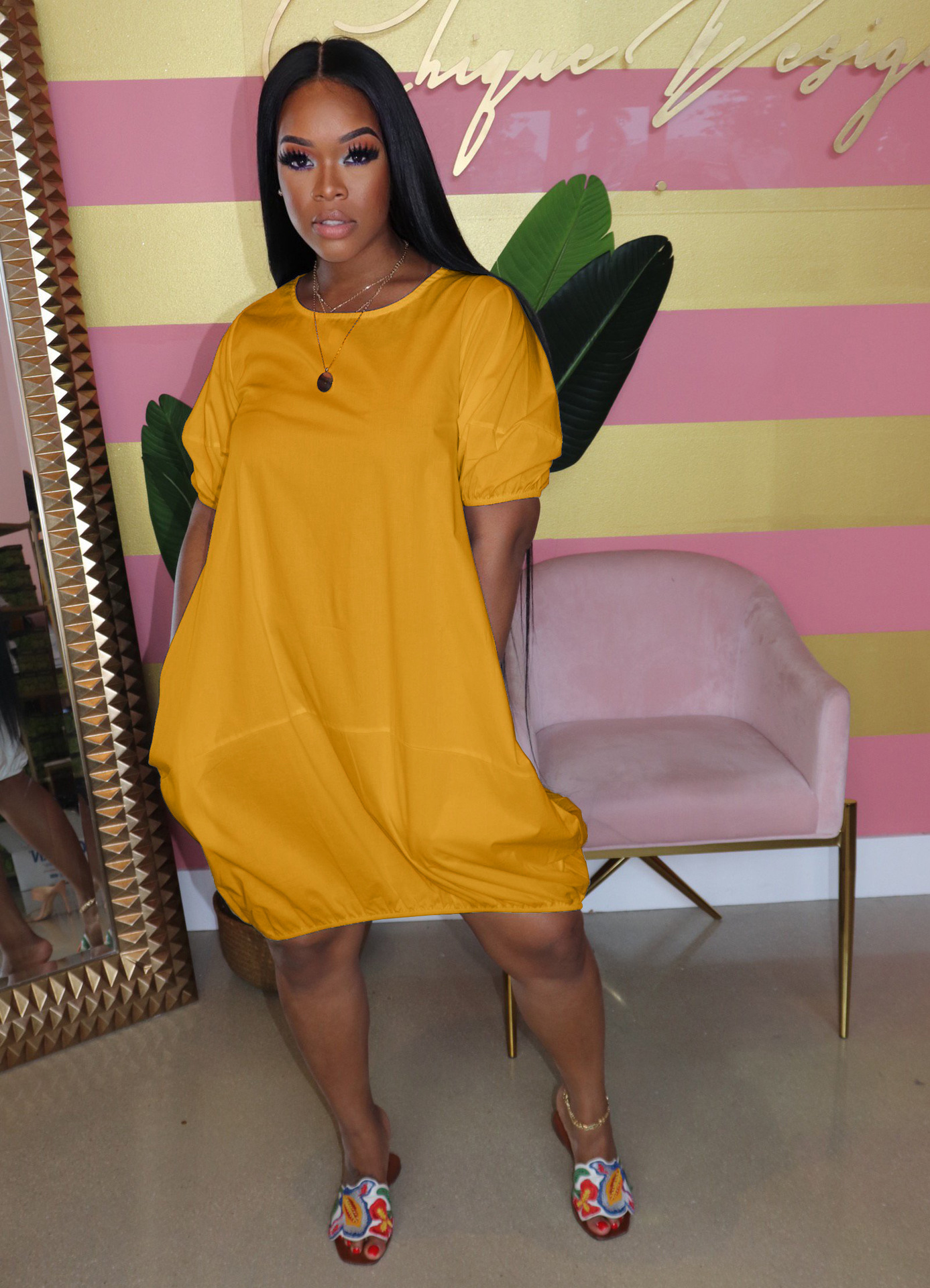 Women's New Solid Color Casual Bubble Skirt Dress
