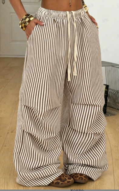 Brown And White Vertical Stripe Drawstring High Waist Pleated Wide Leg Casual Pants