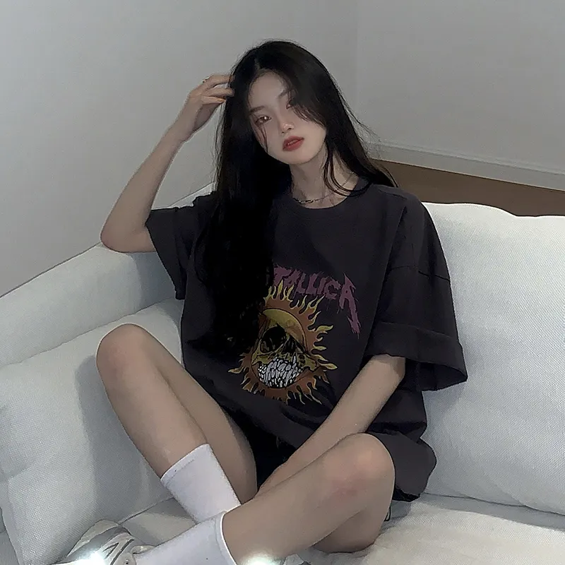 Half-sleeved T-shirt Women Wind Printing Loose Gray Short-sleeved Top - Black