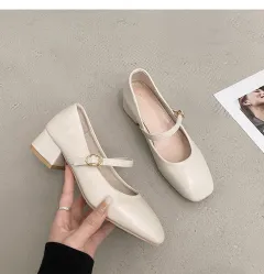 Retro Versatile Square Toe Shallow Cut Single Shoe - Beige - View 1