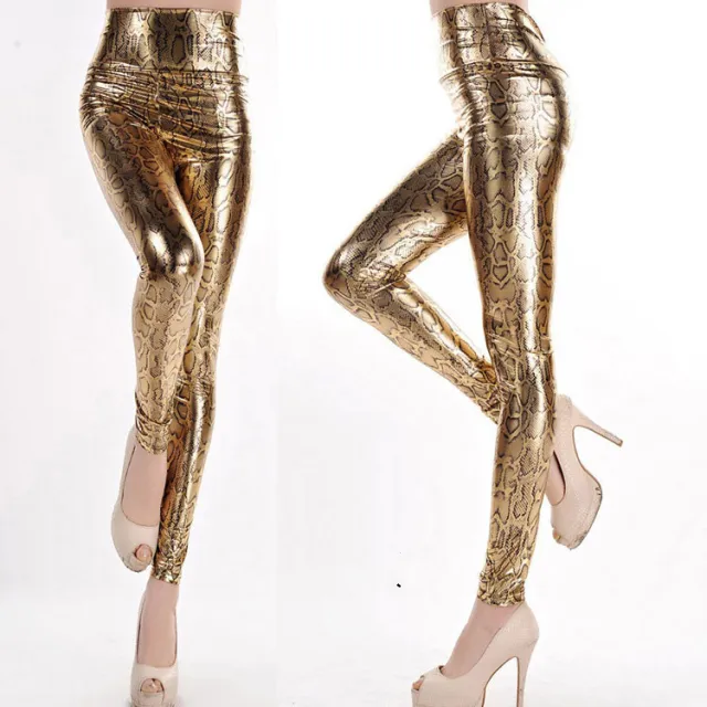 Ankle length Pants With Small Feet, Thin High waisted Leggings Gold Snake Print - Shop at LoveMi