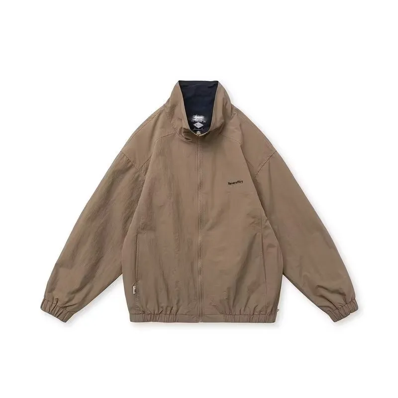 Men's Stand Collar Simple Casual Top Loose Jacket - Khaki