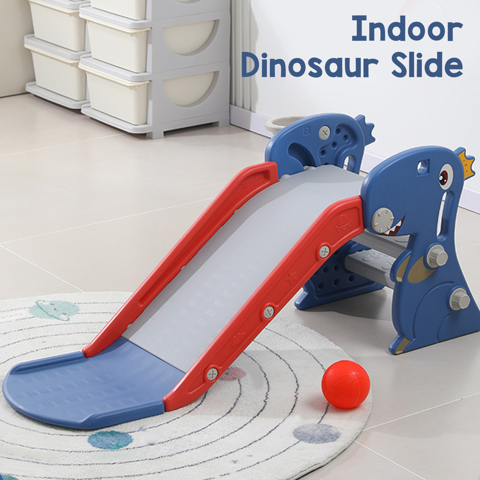 Toddler Indoor Slide For 0 To 3 Years Old Easy Assembly Dinosaur Shape Foldable Slide With Basketball Hoop Stairs Blue