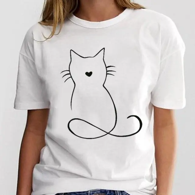 New Simple Cat Animal Cartoon Print Loose Round Neck Ladies White T Shirt Short Sleeve 24Style - Shop at LoveMi