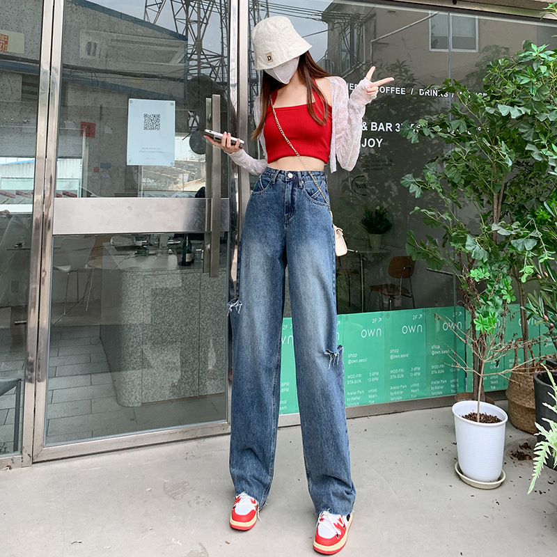 High Waist Loose Ripped Straight Jeans Blue - Shop at LoveMi