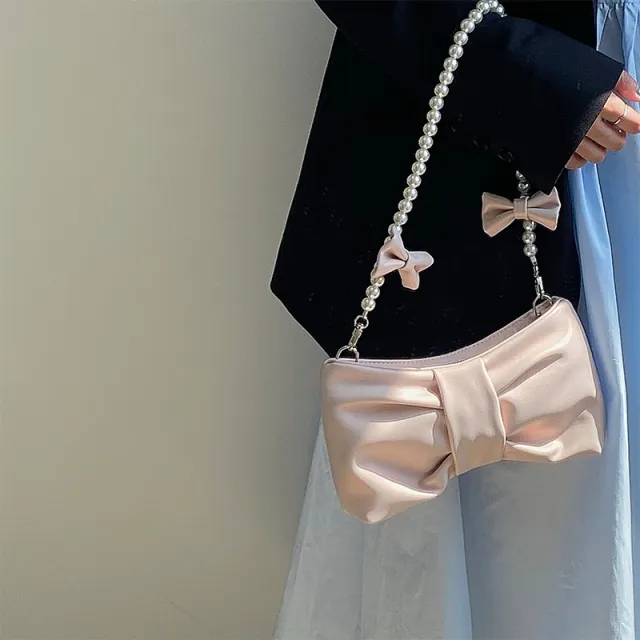 One Shoulder Armpit Bag With Pearl Bow Pink - Shop at LoveMi