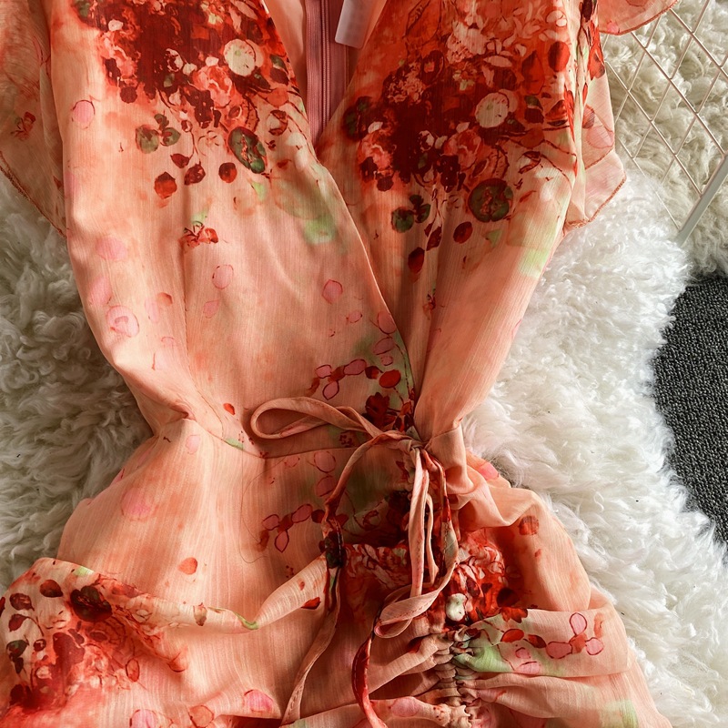 Retro V-neck Printed Thin High Waist Temperament Chiffon Dress