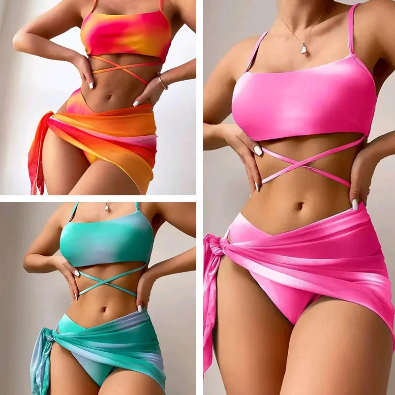 3pcs Tie Dye Print Bikini with Short Skirt Summer