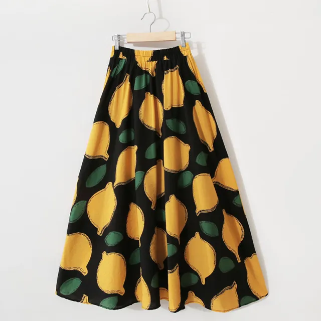 Small Flowers Simple Mid length Beach A line Skirt Lemon Black - Shop at LoveMi