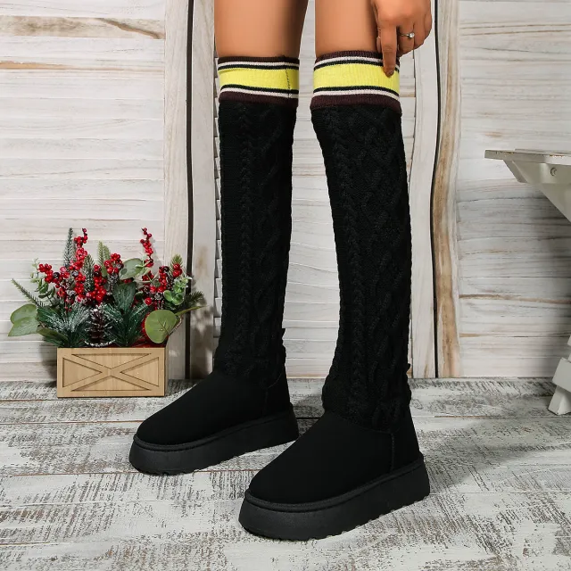 Winter Over the knee Boots With Long Knitted Sock Design Fashion Flat Thick soled Shoes For Women Casual Warm Long Boot Black - Shop at LoveMi