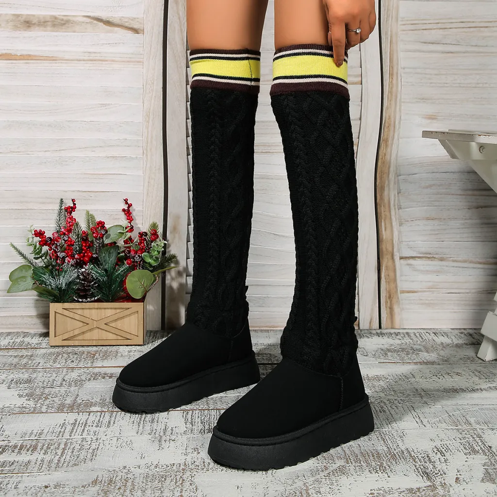 Winter Over-the-knee Boots With Long Knitted Sock Design Fashion Flat Thick-soled Shoes For Women Casual Warm Long Boot - Black