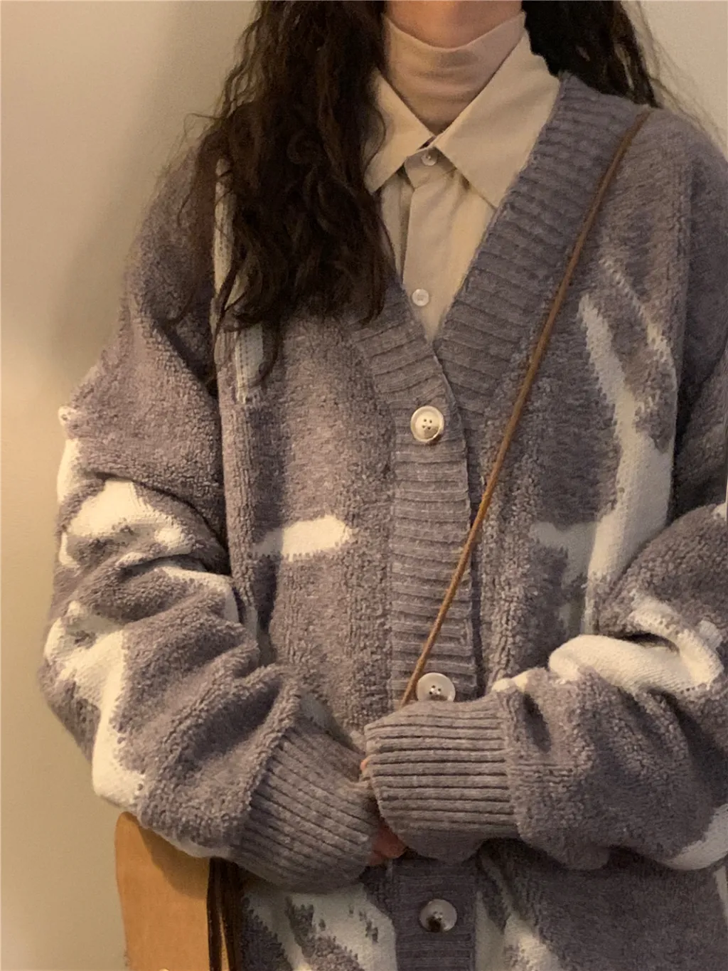 Winter Loose Fitting American Vintage Cardigan Sweater Jacket - Grey