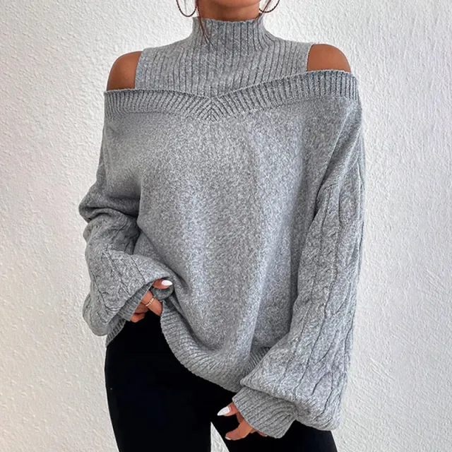 Women's Cold Shoulder Sweater Sexy High Neck Cut Out Pullover Long Sleeve Top Gray - Shop at LoveMi