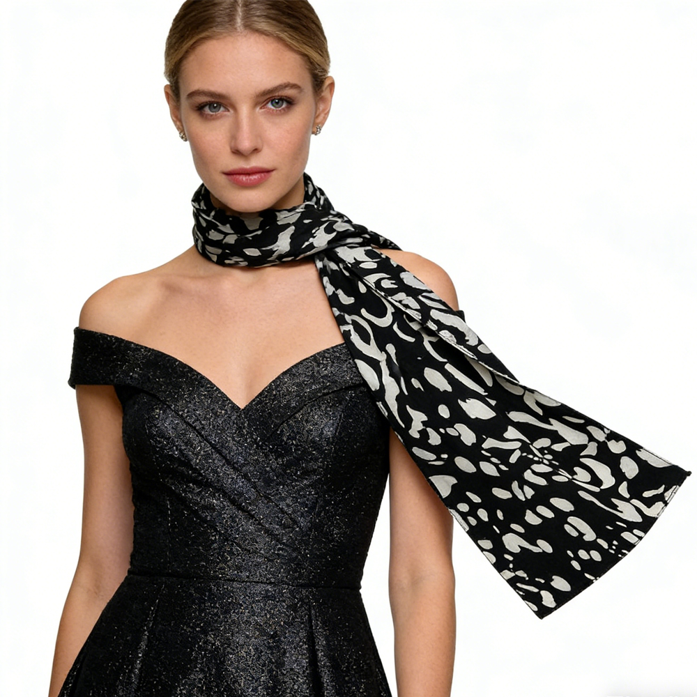Black & White Printed Viscose Scarf – Abstract Long Scarf 79inchx9inch