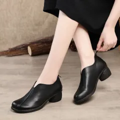 Retro Soft Leather Soft Sole Thick Heel Casual Women's Shoes - Black - View 1