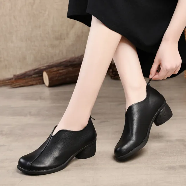 Retro Soft Leather Soft Sole Thick Heel Casual Women's Shoes Black - Shop at LoveMi