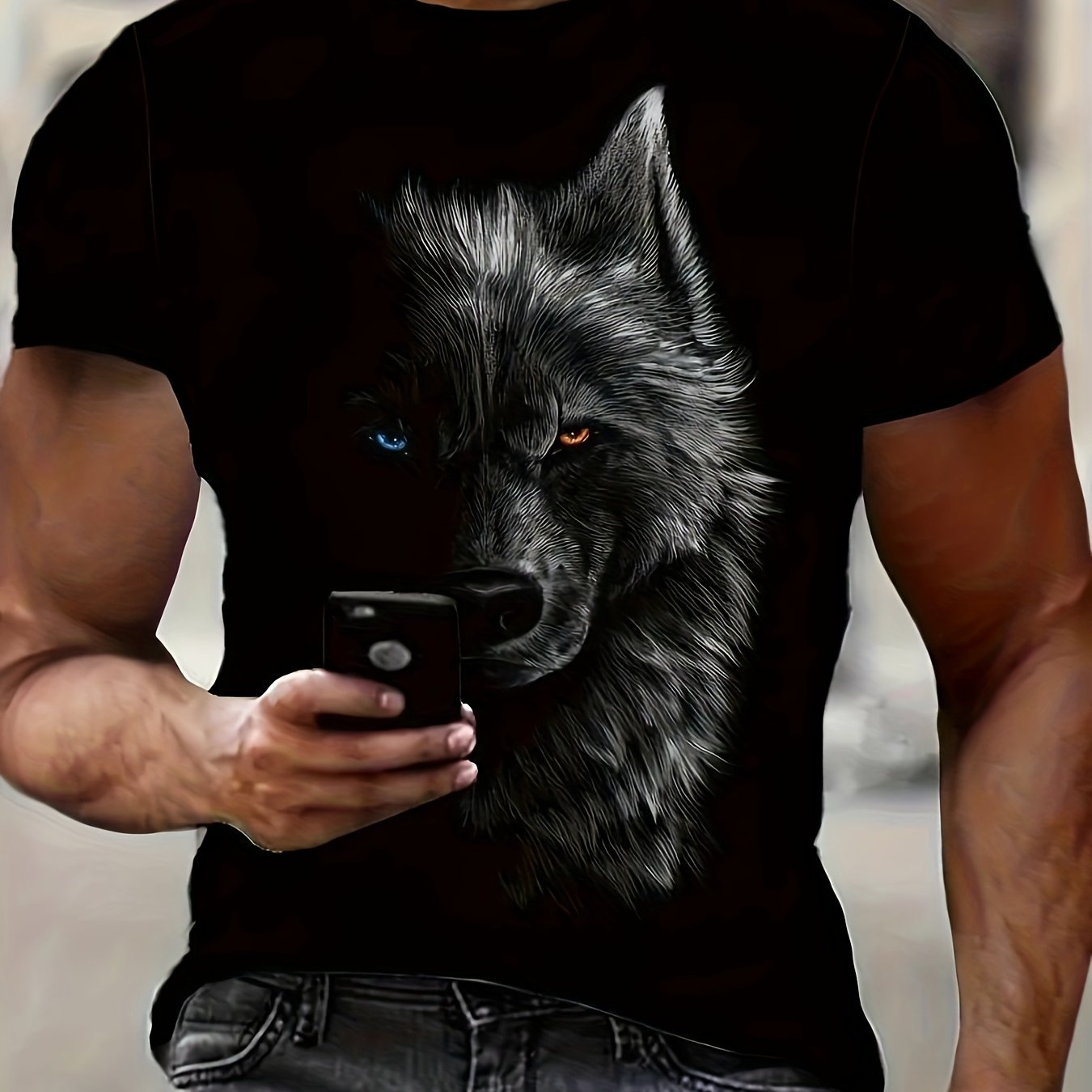 3D Digital Cool Wolf Contrast Color Eye Pattern Round Neck T-shirt, Men's Summer