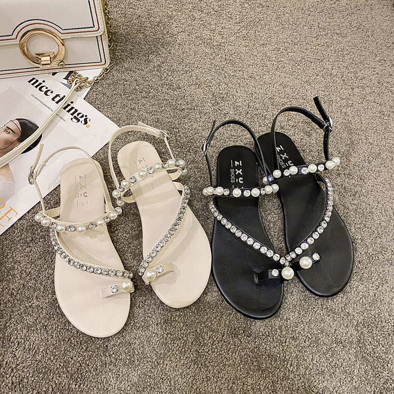 2026 Spring Summer New Rhinestone Pearl Toe Loop Roman Flat Sandals For Women, Plus Size Gentle Fairy Style Unique Ladies Shoes