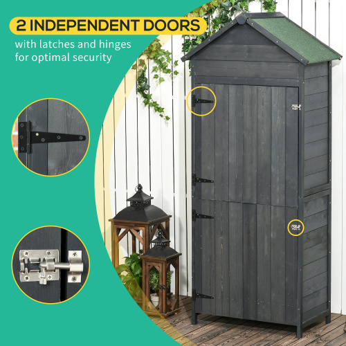 Outsunny Garden Shed 4-Tier Wooden Garden Outdoor Shed 3 Shelves Utility Gardener Cabinet Lockable 2 Doors - Grey - Image 2