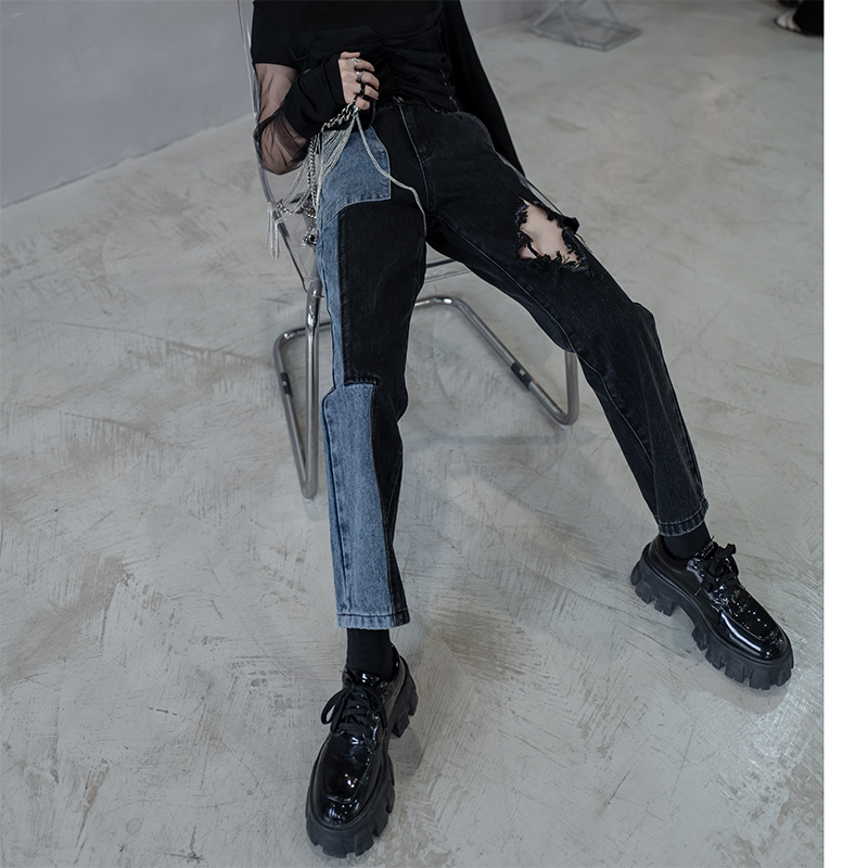 Spring And Autumn Ripped Straight leg Jeans Black - Shop at LoveMi