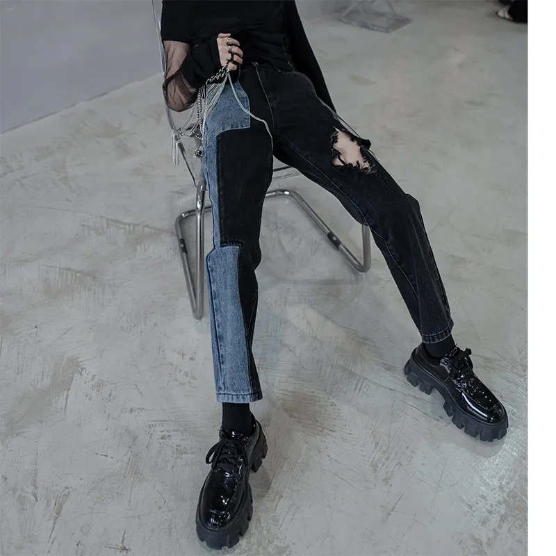 Spring And Autumn Ripped Straight-leg Jeans - Black
