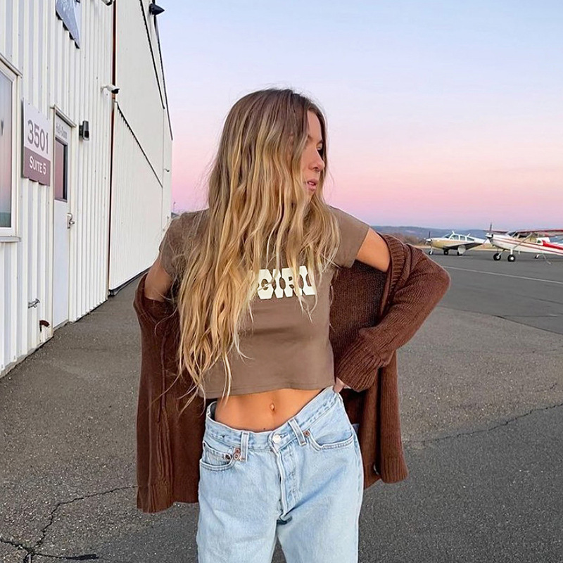 Round Neck Short Sleeve Letter Print Crop Navel Slim T Shirt