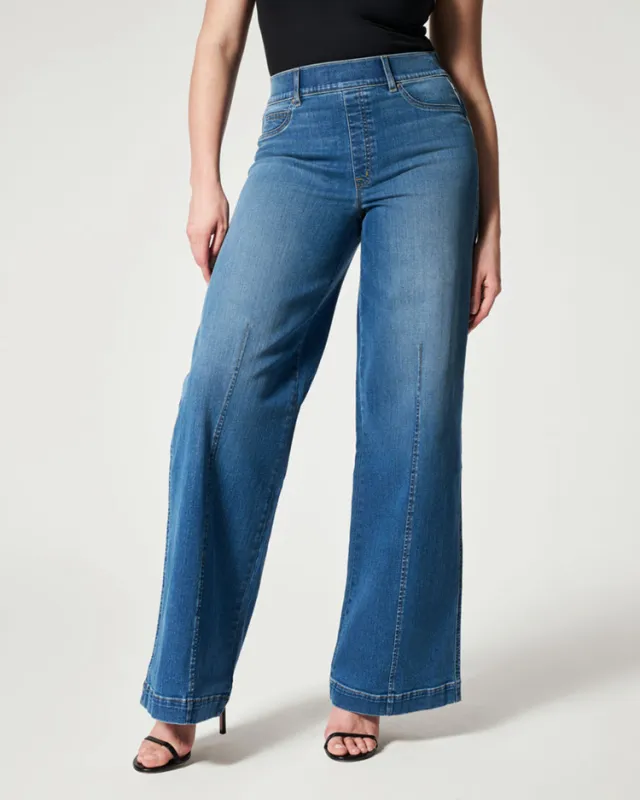 Women's Straight Jeans Mid Waist Wide Leg Pants High Elastic Waist Trousers Navy Blue - Shop at LoveMi