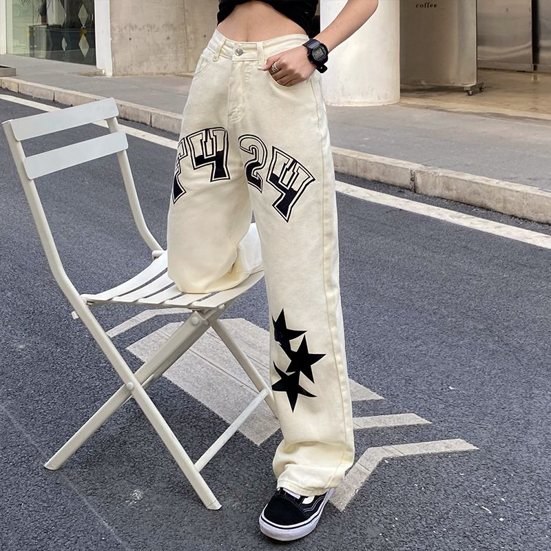 Women's Printed XINGX White Straight-cut Mop Jeans