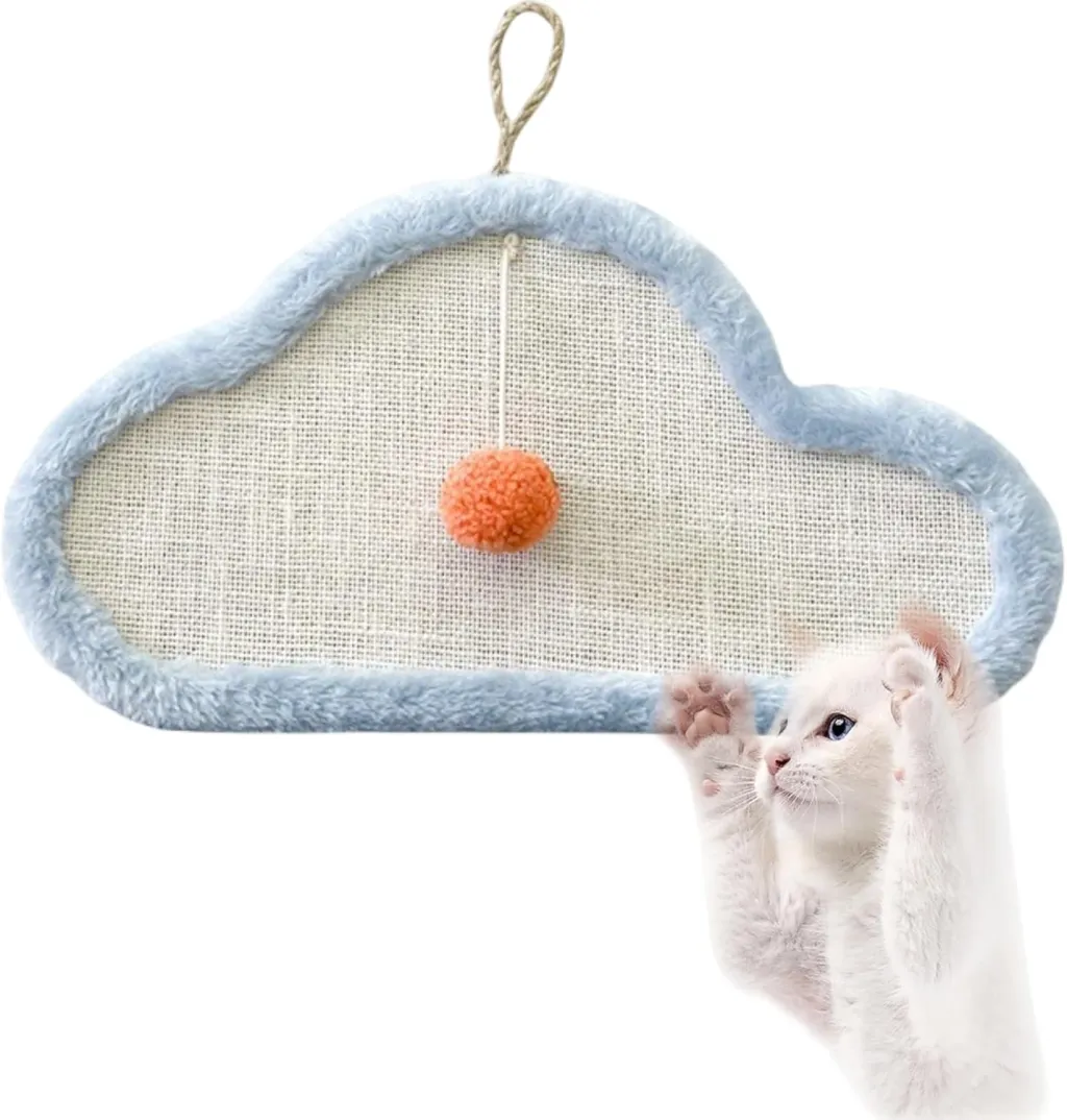 Cute Cat Scratching Mat Wall Mounted Natural Sisal Cat Scratch Pad Cartoon Design Durable Furniture Protector For Indoor Cats - White