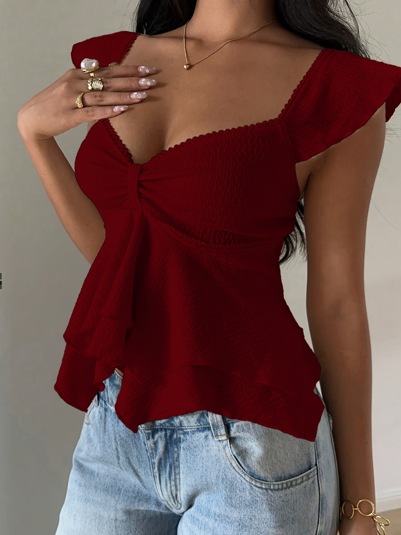 Hot Girl Slim-fit Solid Color V-neck Ruffle Top