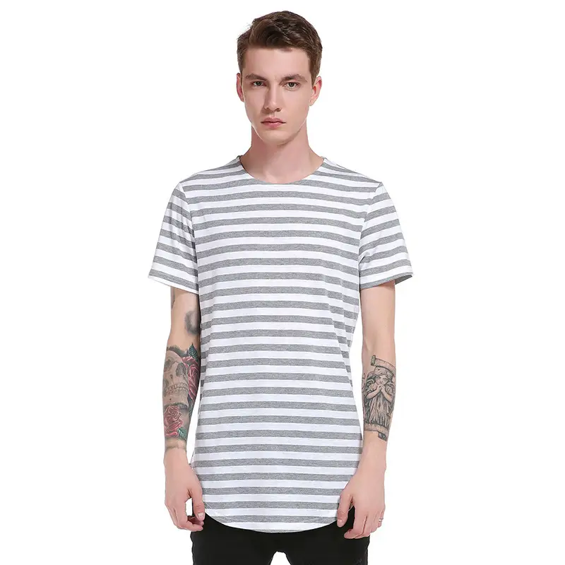 Men's Round Hem High Street Stripe Long Short Sleeve T-Shirt
