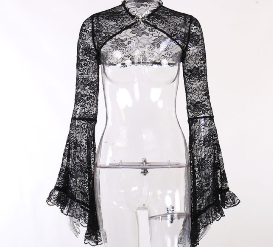 Flare Sleeve Sexy Lace Cut Out Cheongsam Button Silk Blouse