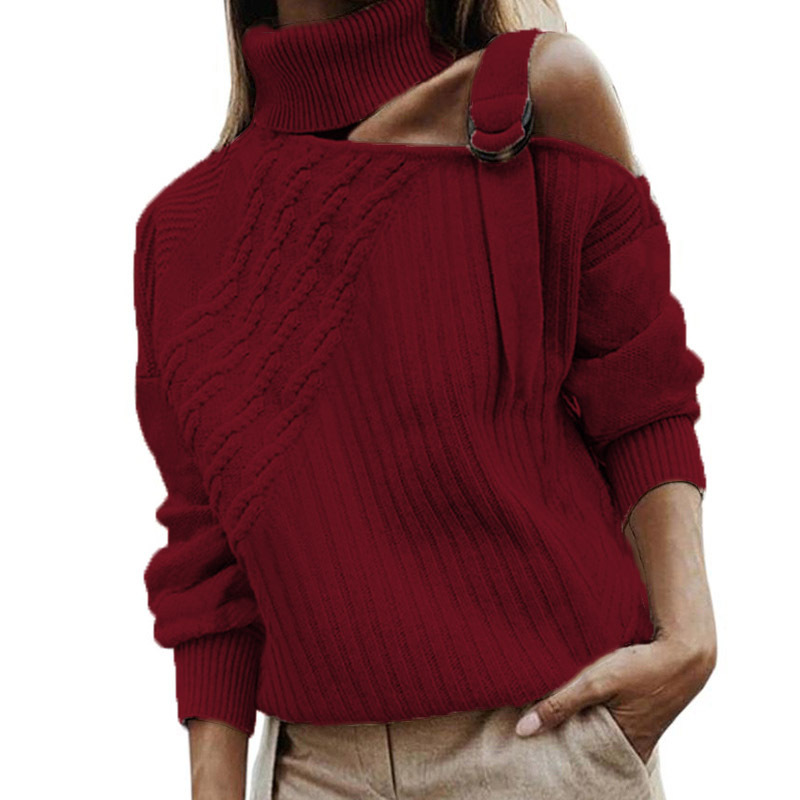 Women's Solid Off Shoulder Turtleneck Long Sleeve Sweater
