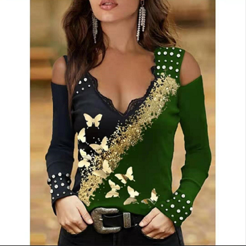 Lace Bronzing Butterfly Print Off-the-shoulder Long-sleeved Pullover T-shirt Women