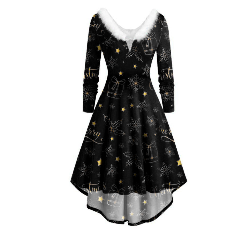 Ladies Christmas Long Sleeve Dress Printed Skirt Dress Black Gift Snowflake - Shop at LoveMi