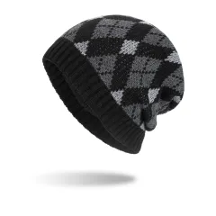 Tricolor Diamond Long Pullover Hat Knit - Black - View 1