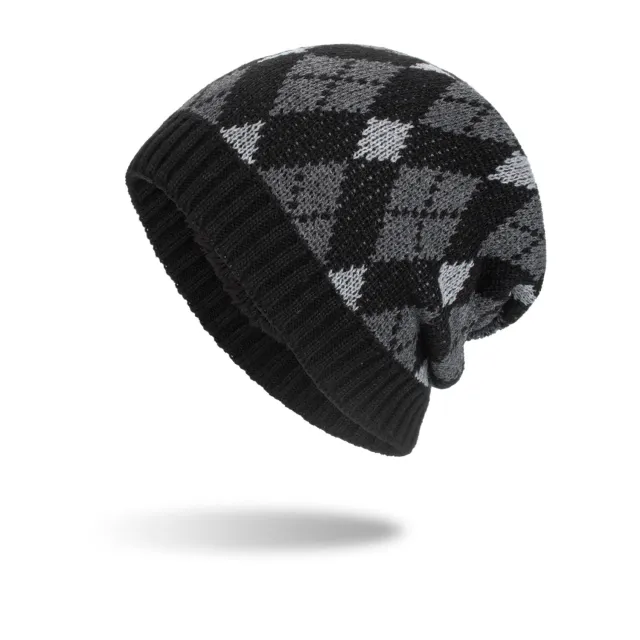 Tricolor Diamond Long Pullover Hat Knit Black - Shop at LoveMi
