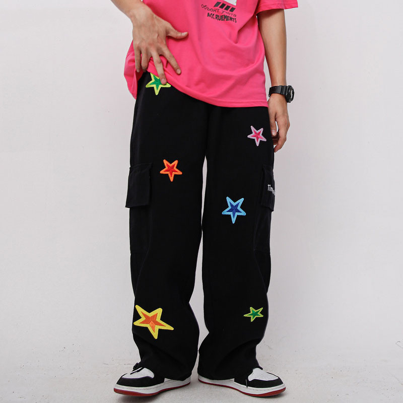 Loose Embroidered Five Pointed Star Straight Overalls
