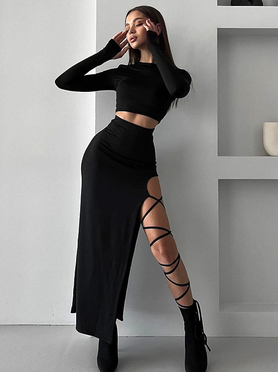 Solid Color Casual Long-sleeved Round Neck Top And Slim-fit Tie-up Skirt Set