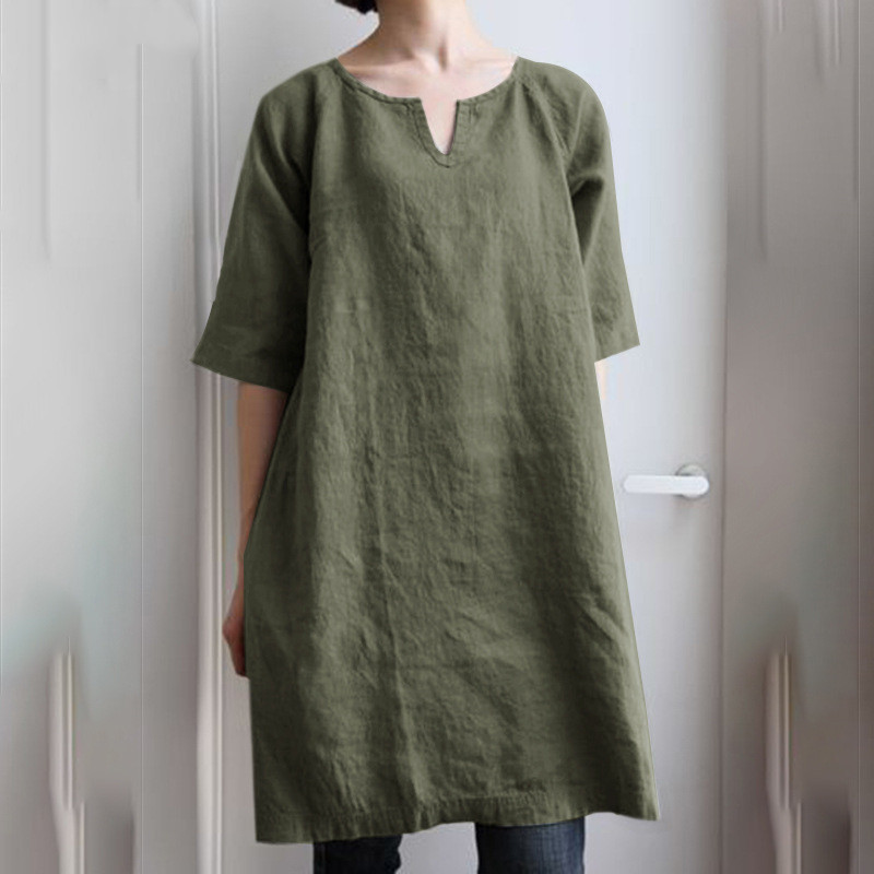 Ladies Ramie Solid Color Literary Retro V-Neck Loose Shirt