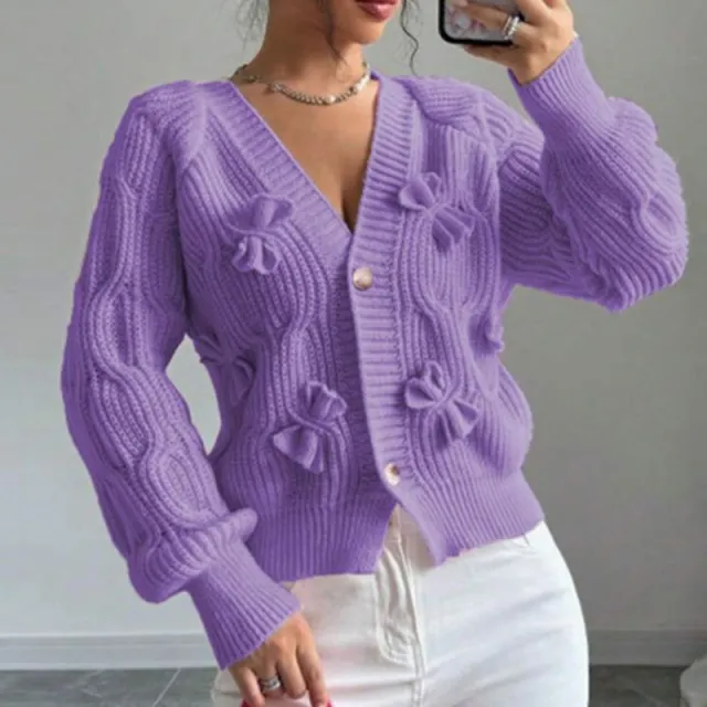 Women's Bow Cropped Cardigan Long Sleeve V Neck Button Down Knit Sweater Top Purple - Shop at LoveMi