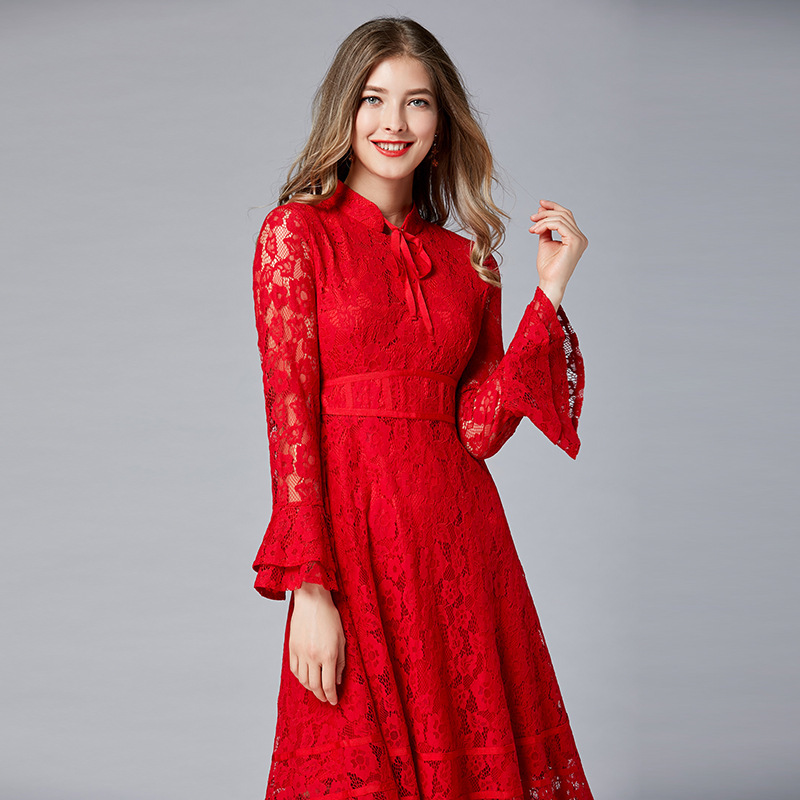 Lace Stand-Collar Long Dress