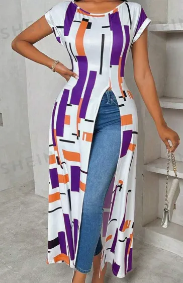 Women's Casual Geometric Print High Slit Maxi T Shirt, Summer Purple - Shop at LoveMi