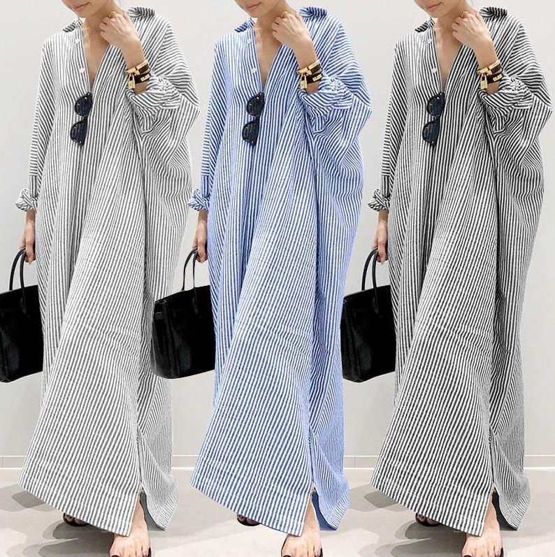 Ladies' Casual Cotton And Linen Striped Loose Oversized Irregular Hem Long Dress
