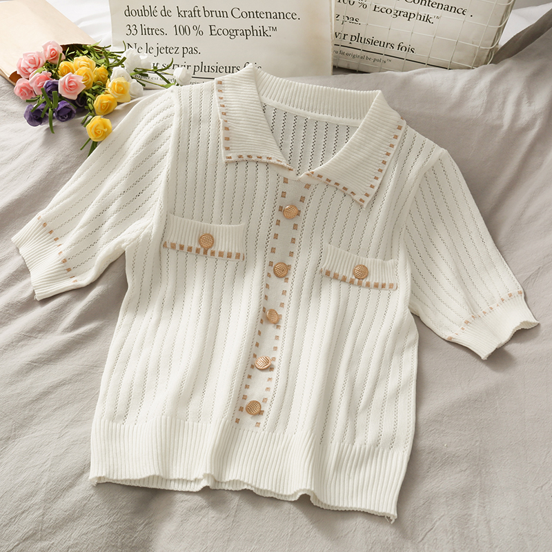 Hong Kong Style Polo Collar Single-breasted Golden Dot Slim Top Women