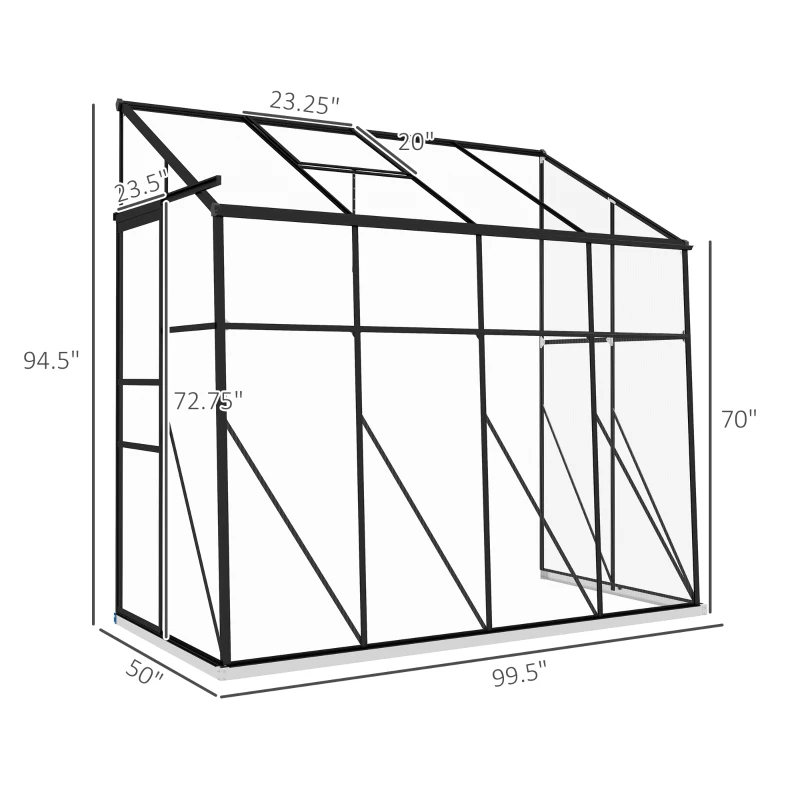 Walk-in Polycarbonate Greenhouse, Lean-to Aluminum Green House With Rain Gutter And Foundation, Black