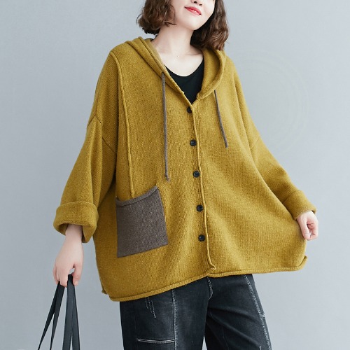 Fashion Color Block Knit Cardigan Casual Hooded Sweater Jacket