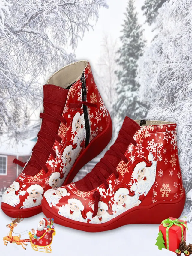 Women's Fashion Casual Christmas Flat Ankle Boots Red - Shop at LoveMi