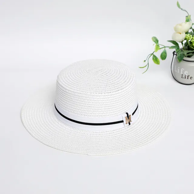 Rhinestone M Standard Flat Top Straw Hat Seaside Shade White - Shop at LoveMi