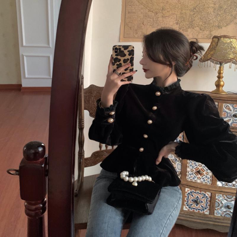 French Royal Style Velvet Lace Shirt For Women